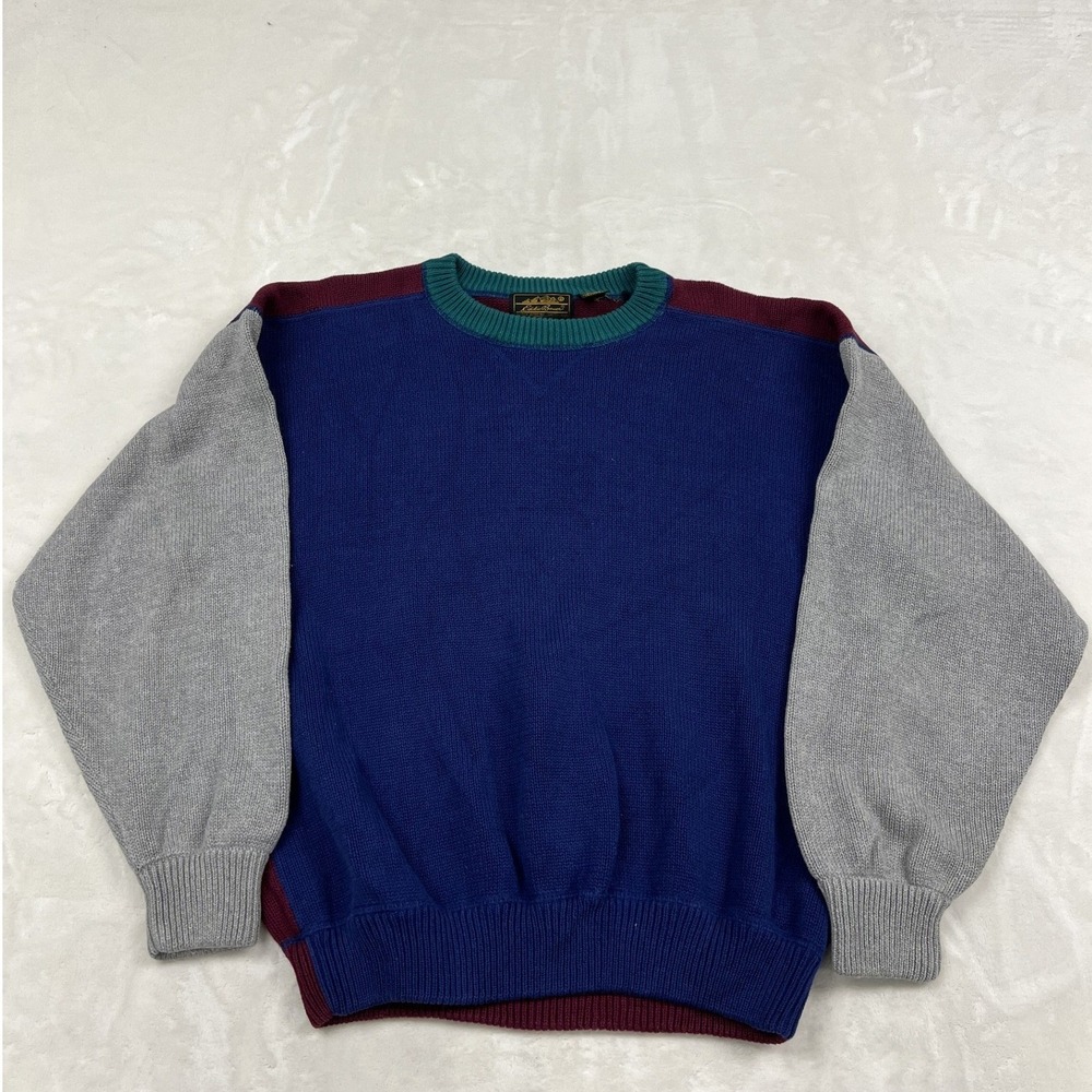 Eddie Bauer Sweater Mens Large Blue Colorblock Vintage Cotton Crewneck Knit 0661